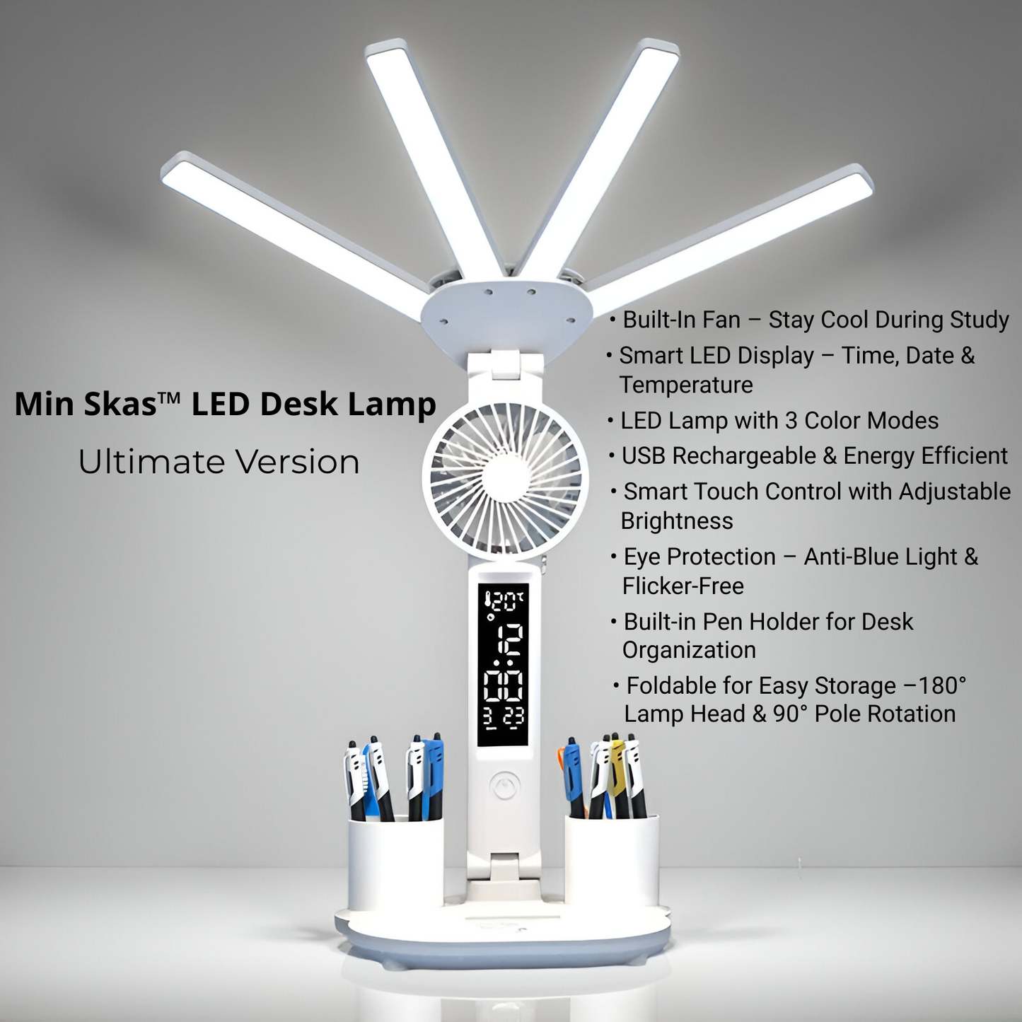 Min Skas™ 3-in-1 LED Desk Lamp with Fan & Clock