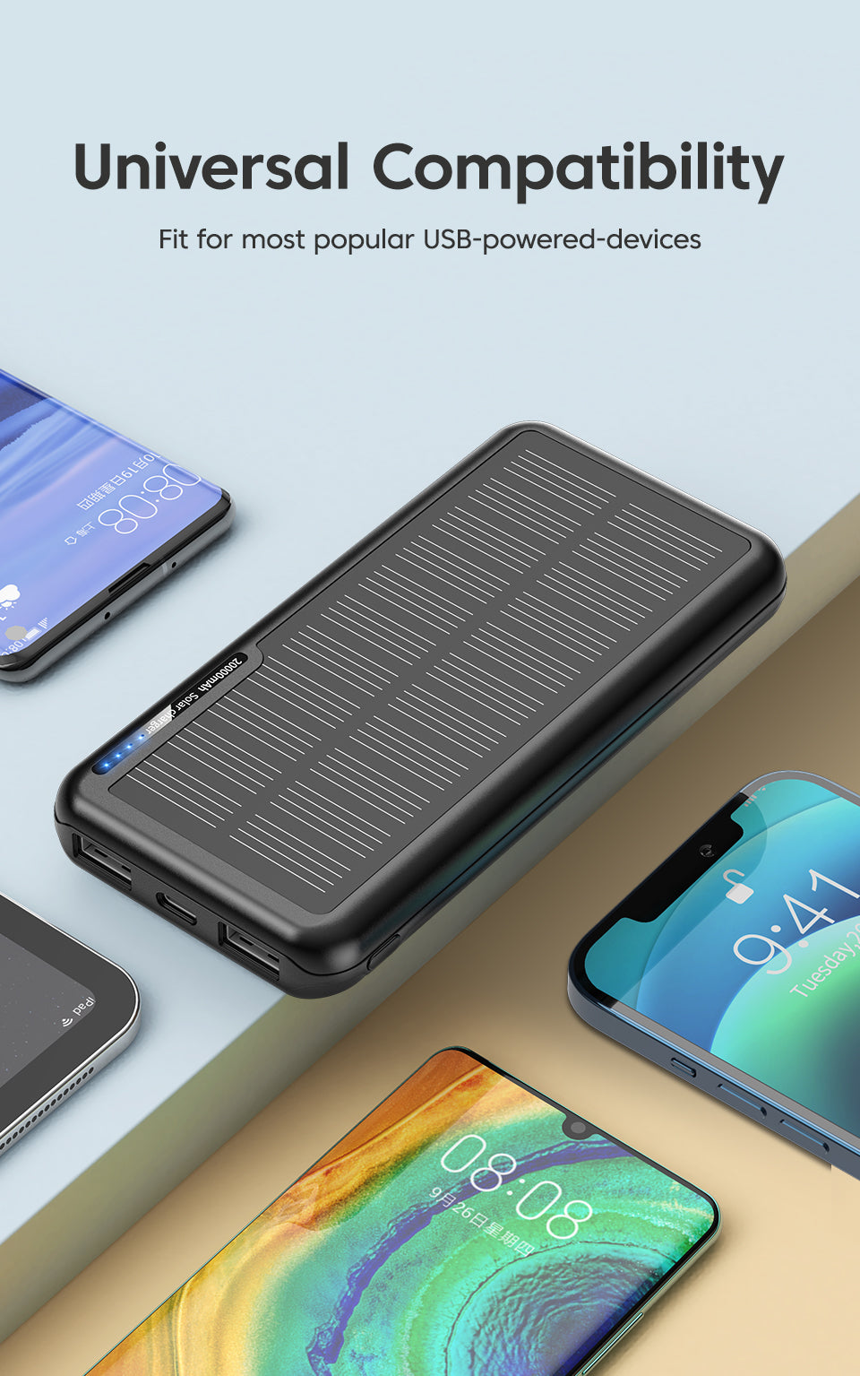 Min Skas™ Solar Power Bank 20000mAh | Dual USB, Waterproof Portable Charger